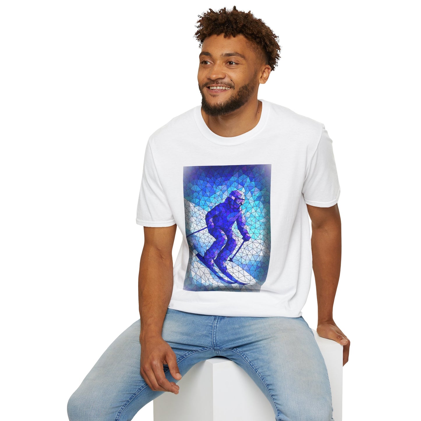 Cool Skiing T-Shirt, Mosaic Print Unisex Softstyle Tee, Winter Sports Shirt, Alpine Adventure Apparel, Perfect Gift for Ski Lovers