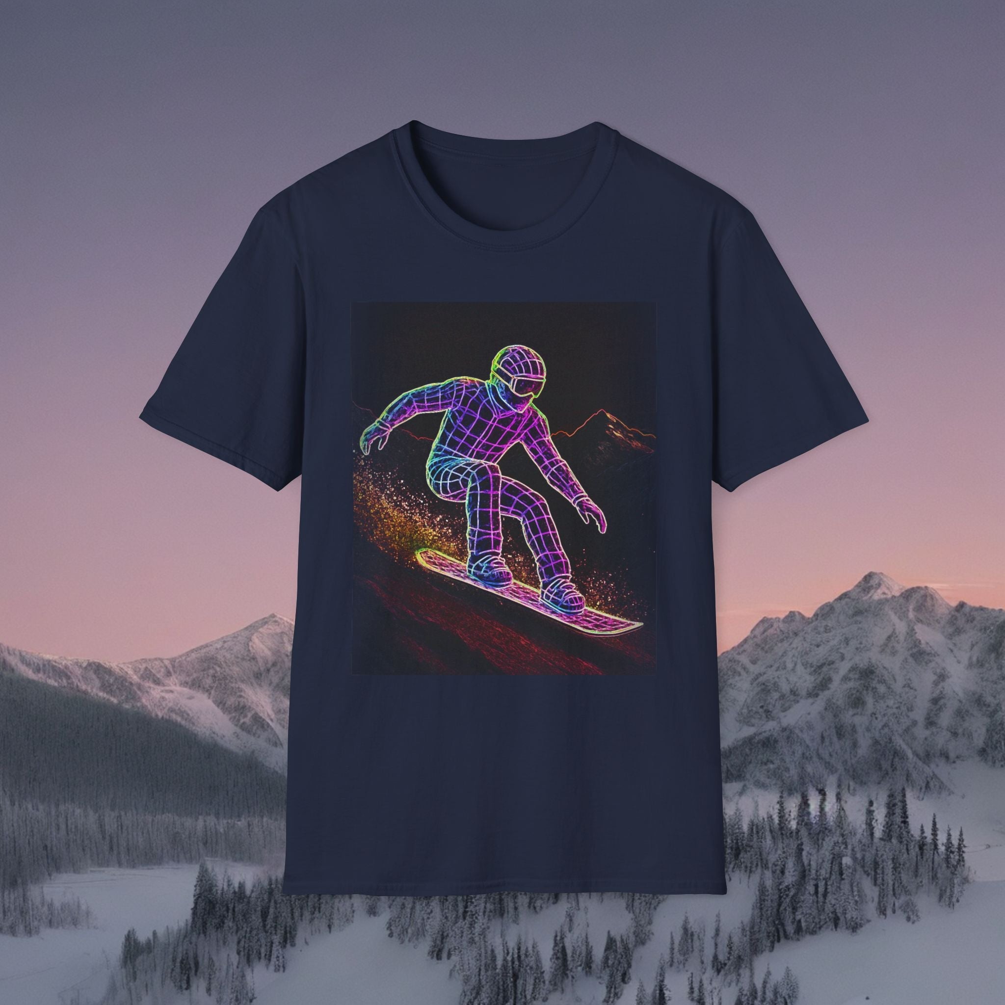 Retro Neon Snowboarder T-Shirt, Graphic Tee for Snowboarding Lovers Printify