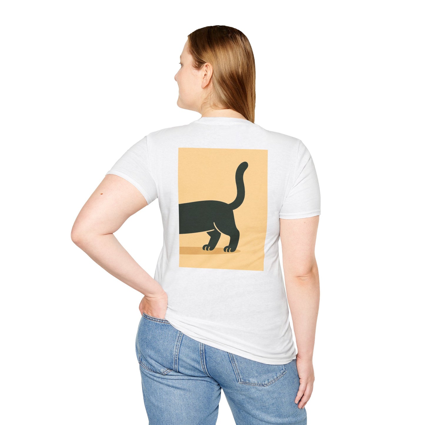 Whimsical Front-Back Cat Design T-Shirt | Unisex Softstyle Tee, Funny Cat Shirt, Pet Lover Gift, Cute Cat Apparel, Animal Graphic Tee