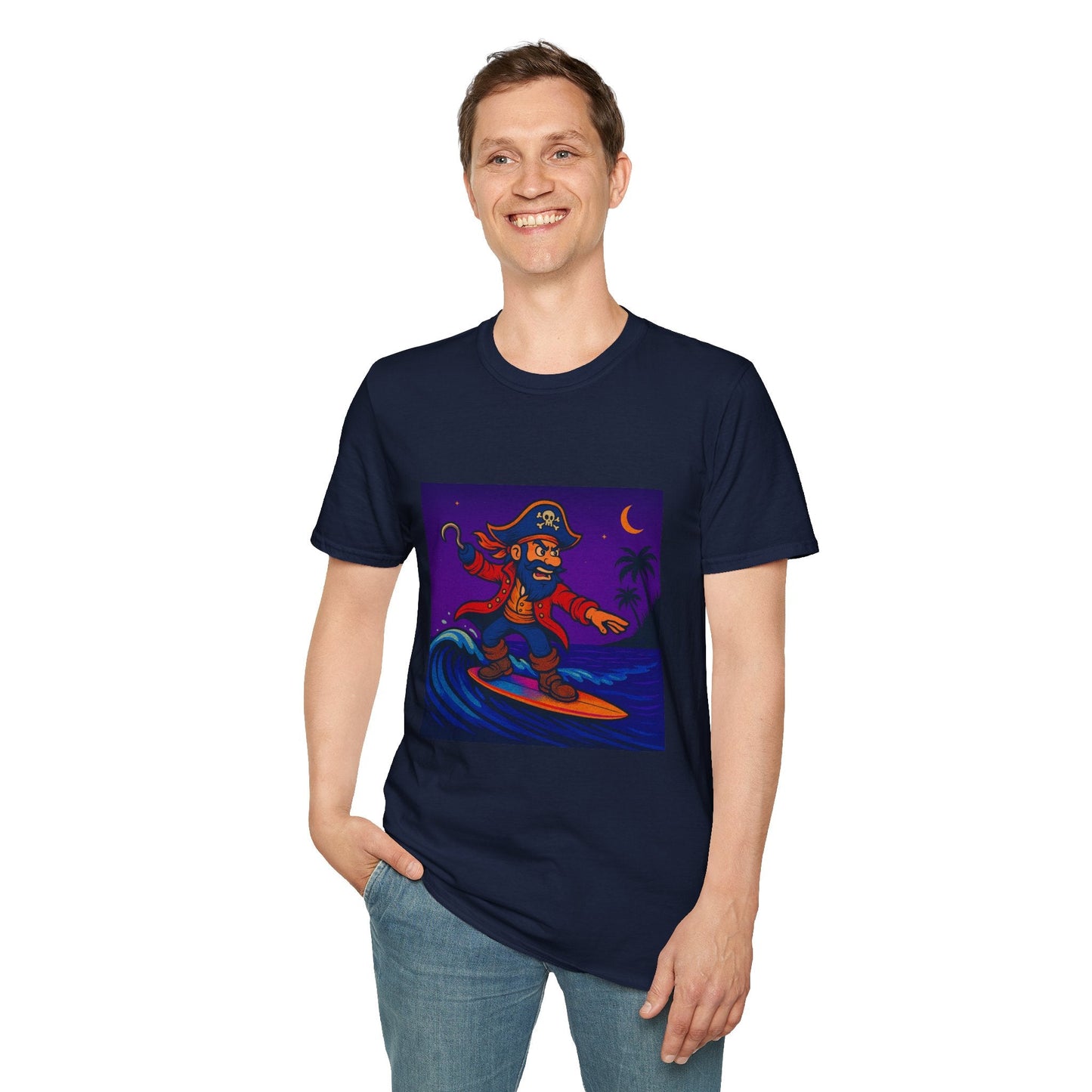 Surfing Pirate Unisex T-Shirt, Beachwear, Gift for Surfers, Summer Apparel, Fun Graphic Tee, Casual Wear Printify