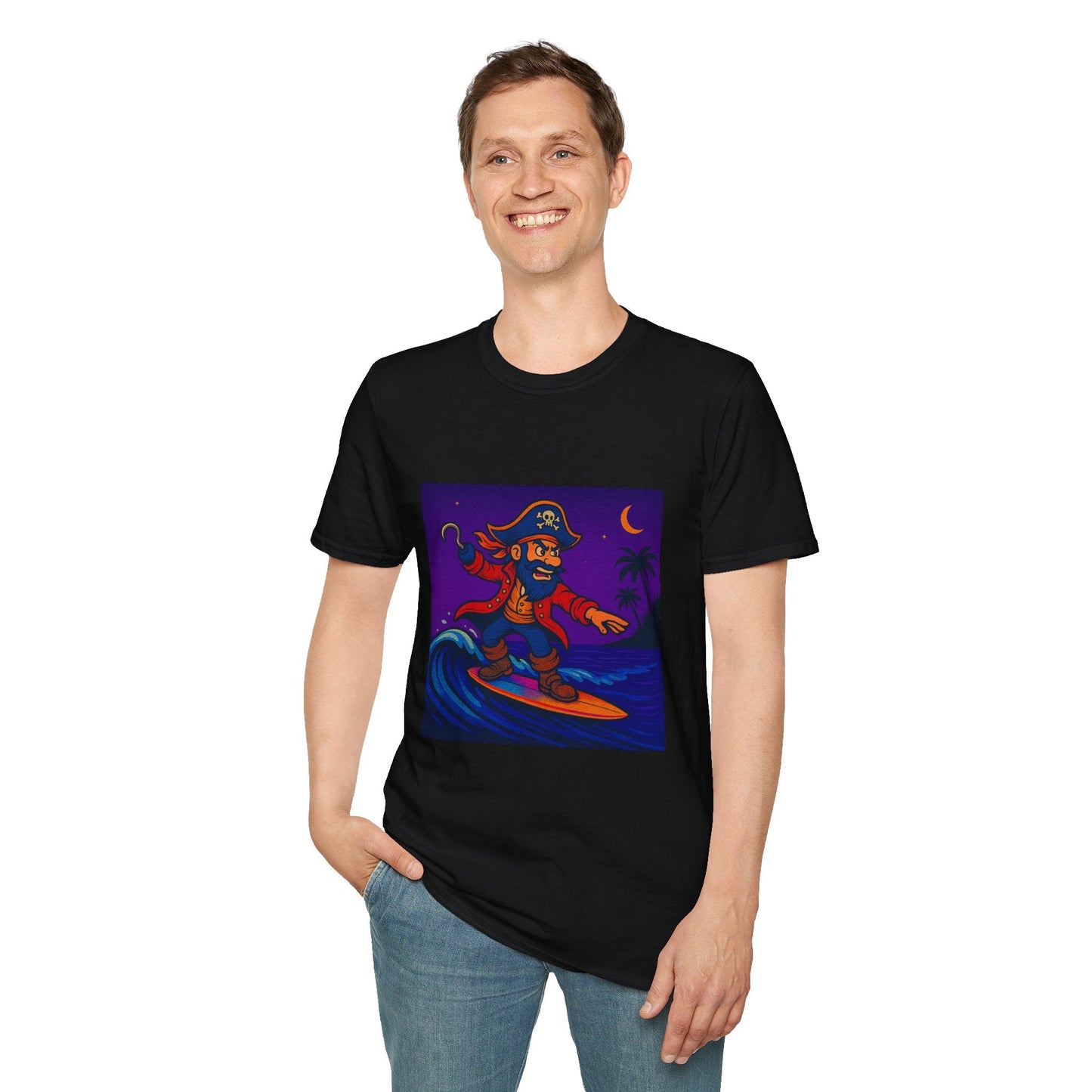 Surfing Pirate Unisex T-Shirt, Beachwear, Gift for Surfers, Summer Apparel, Fun Graphic Tee, Casual Wear Printify