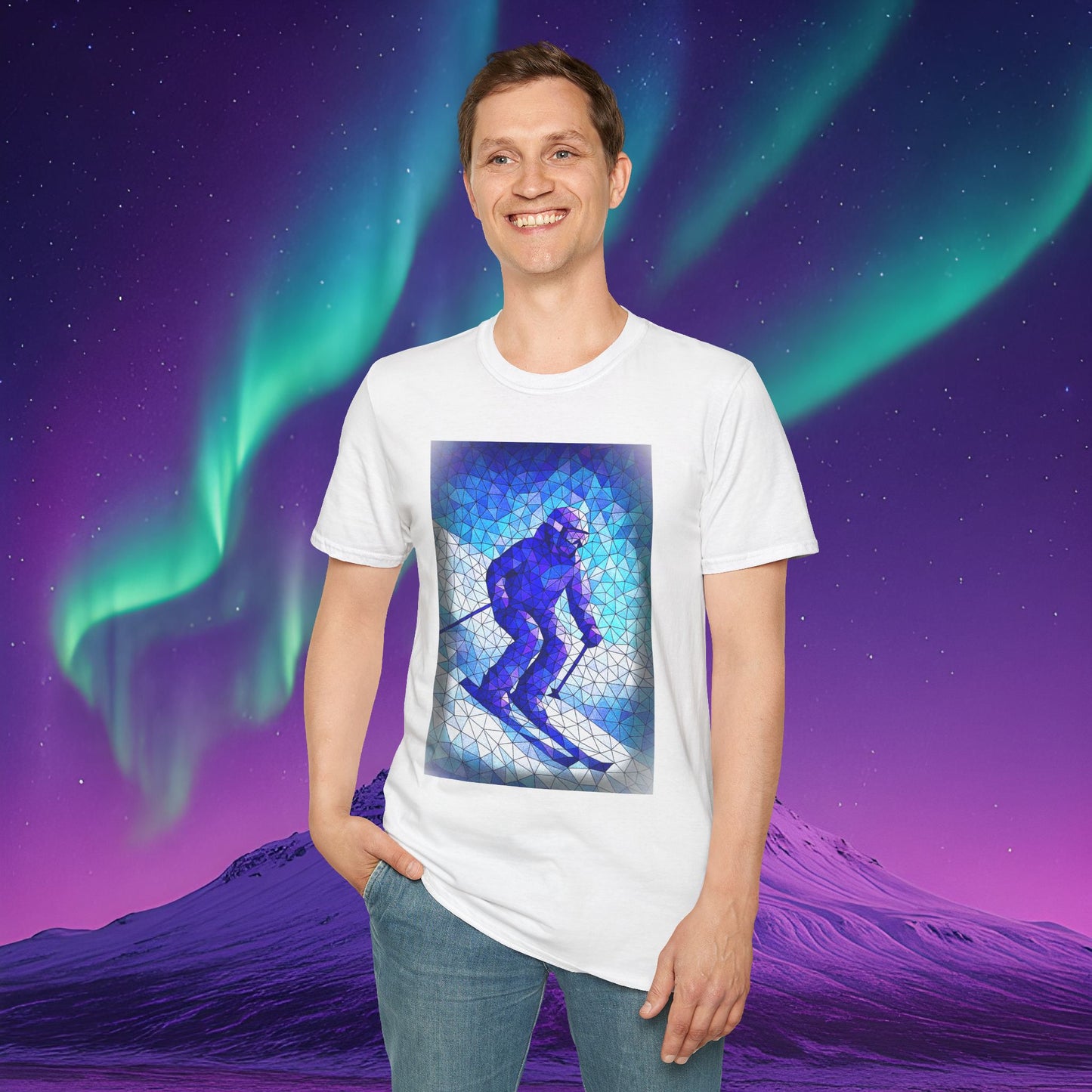 Cool Skiing T-Shirt, Mosaic Print Unisex Softstyle Tee, Winter Sports Shirt, Alpine Adventure Apparel, Perfect Gift for Ski Lovers Printify