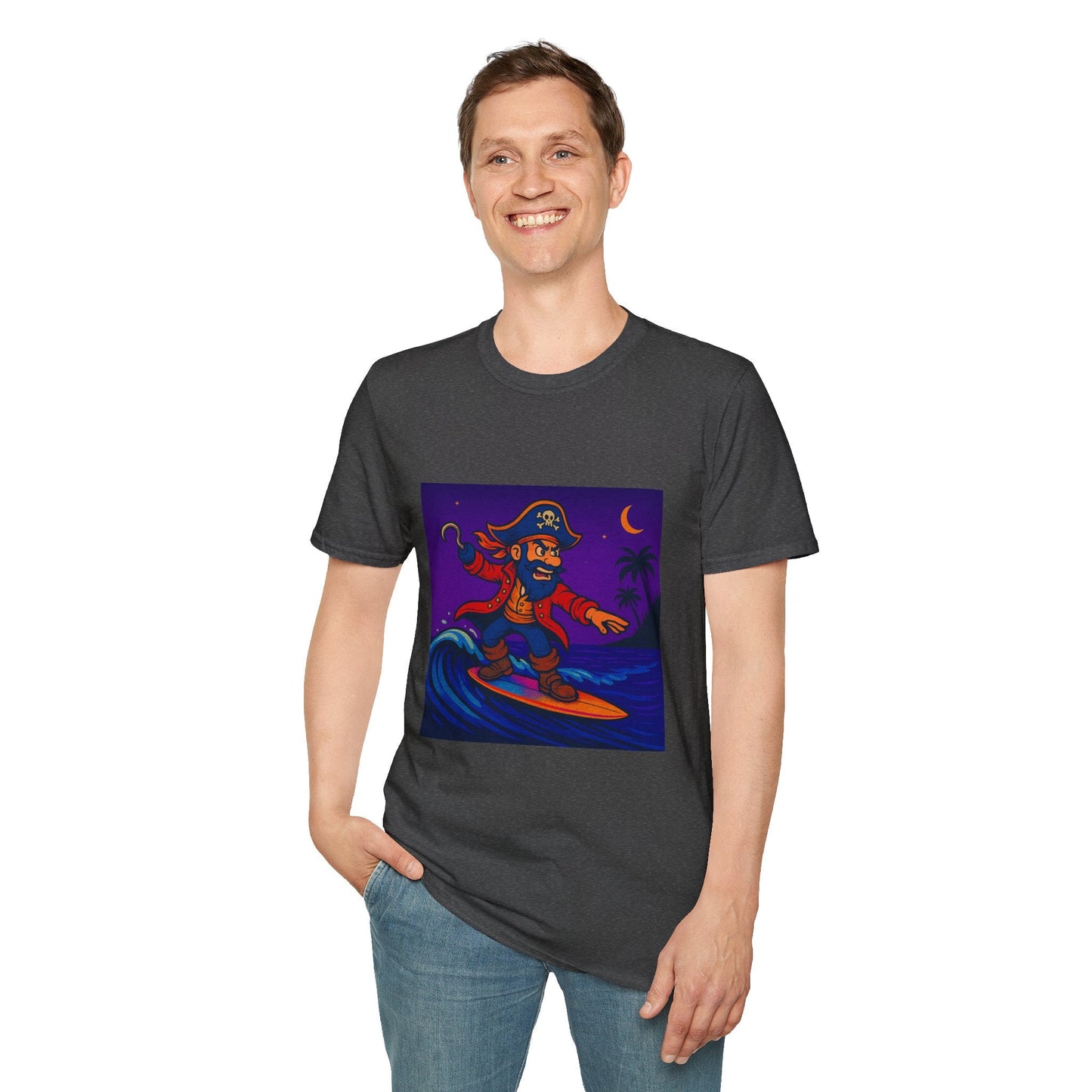 Surfing Pirate Unisex T-Shirt, Beachwear, Gift for Surfers, Summer Apparel, Fun Graphic Tee, Casual Wear Printify