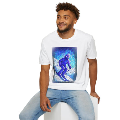 Cool Skiing T-Shirt, Mosaic Print Unisex Softstyle Tee, Winter Sports Shirt, Alpine Adventure Apparel, Perfect Gift for Ski Lovers